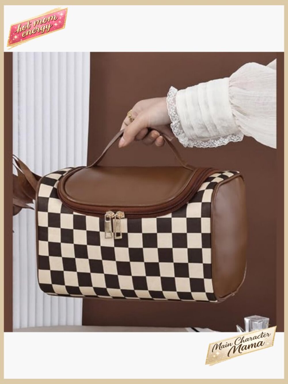 Checkered Pattern Cosmetic Bag Travel Portable Elegant Minimal Skincare Storage - Picture 7 of 7